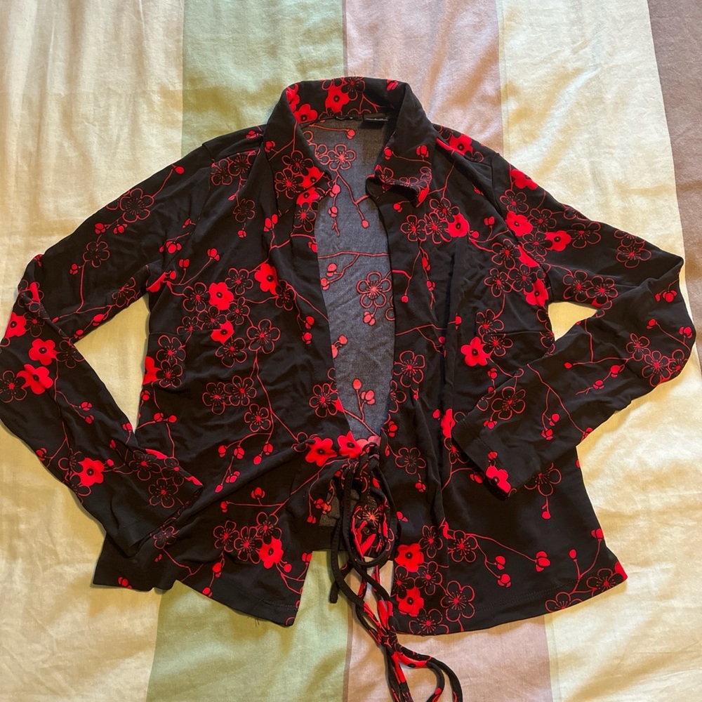 Floral Black and Red Wrap Blouse